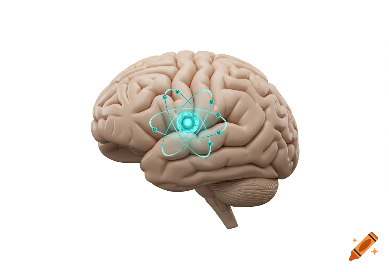 A minimalist 3D render of a human brain with a glowing aquamarine atom structure superimposed on its surface.