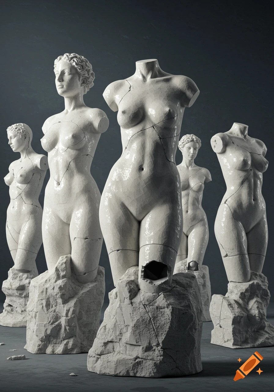 Five white, cracked classical female torso statues on rough stone bases, against a dark background, in a photorealistic style.