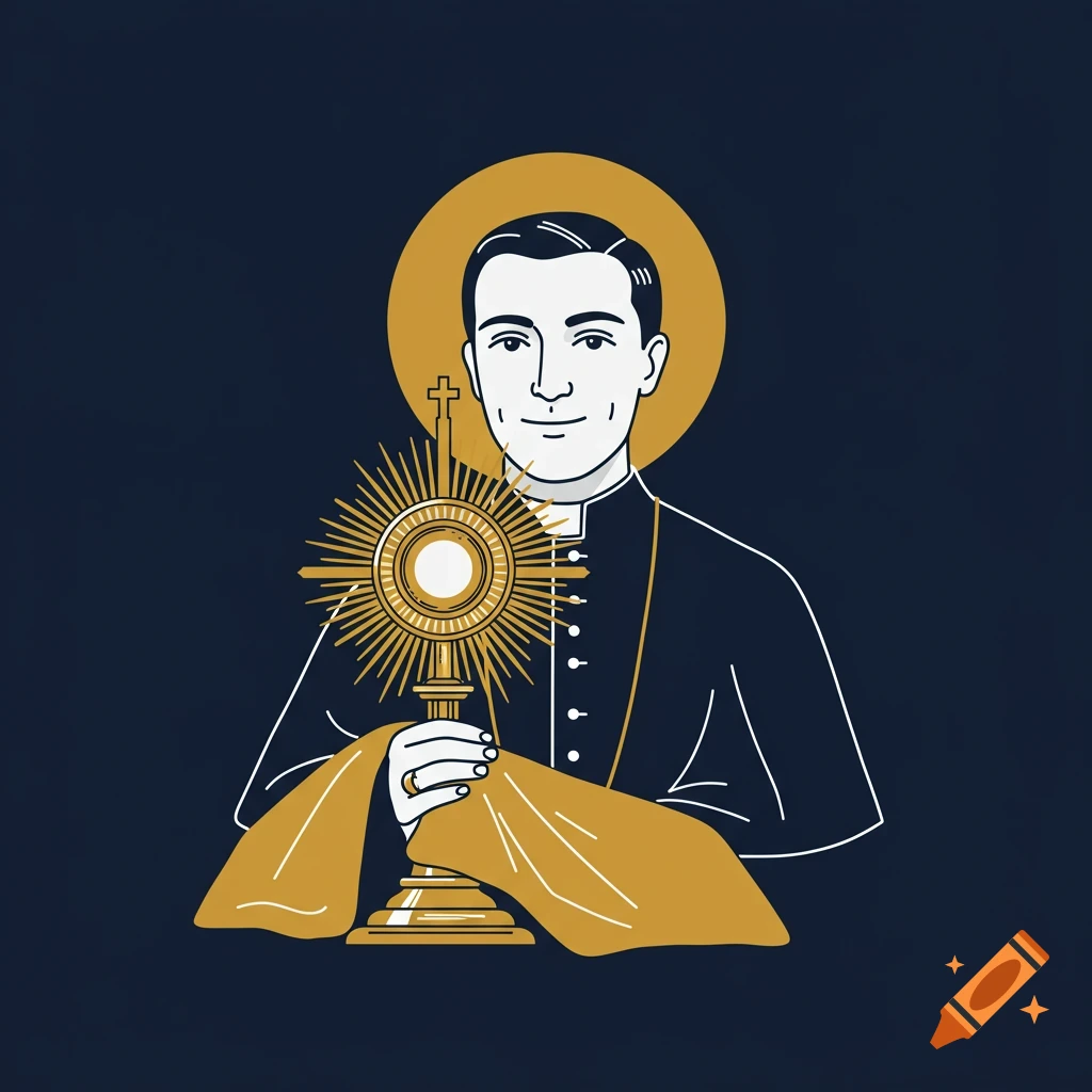 Vector illustration of a young saint, Carlo Acutis, dressed as a priest, holding a golden monstrance with a halo behind his head.