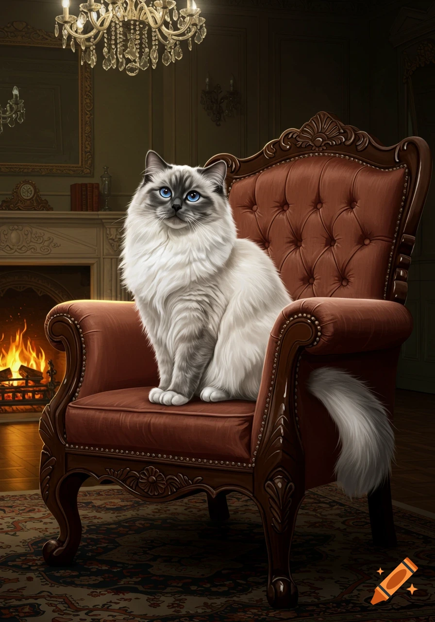 A majestic Ragdoll cat with blue eyes sits on a red velvet armchair in a luxurious room with a fireplace and chandelier.