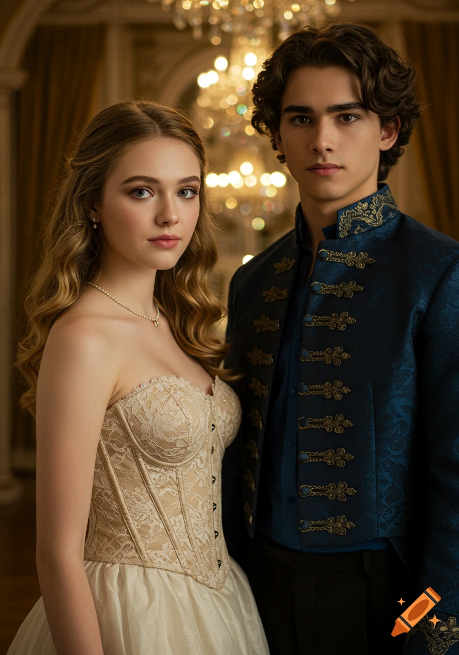 A photorealistic portrait of a young woman in a lace corset dress and a young man in a blue embroidered jacket in an opulent room.