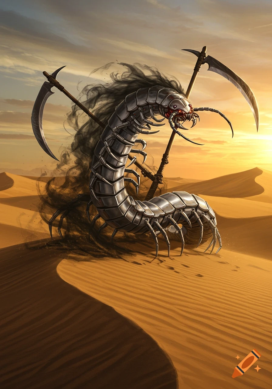 A metallic centipede monster with red eyes, large scythes, and black smoke stands on desert sand dunes under a sunset sky.