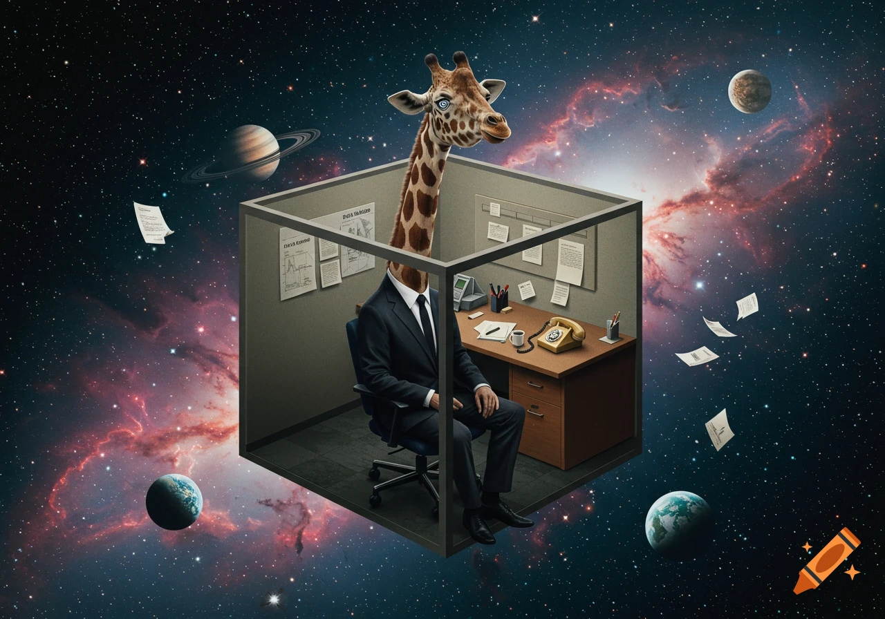 A surreal painting of a giraffe in a business suit sitting in a cubicle that floats in outer space with planets and nebulae.