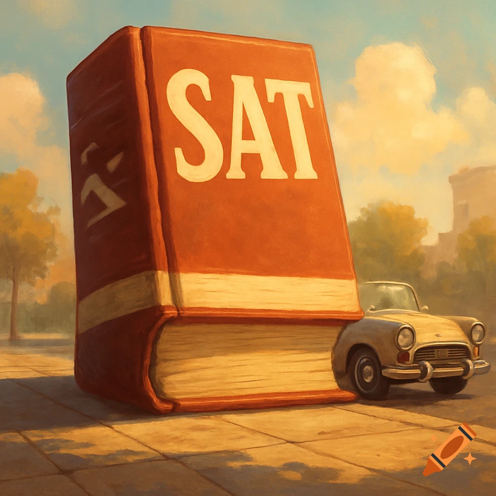 A very large, red SAT book rests on a paved area, towering over a vintage car parked next to it, rendered in a painterly style.