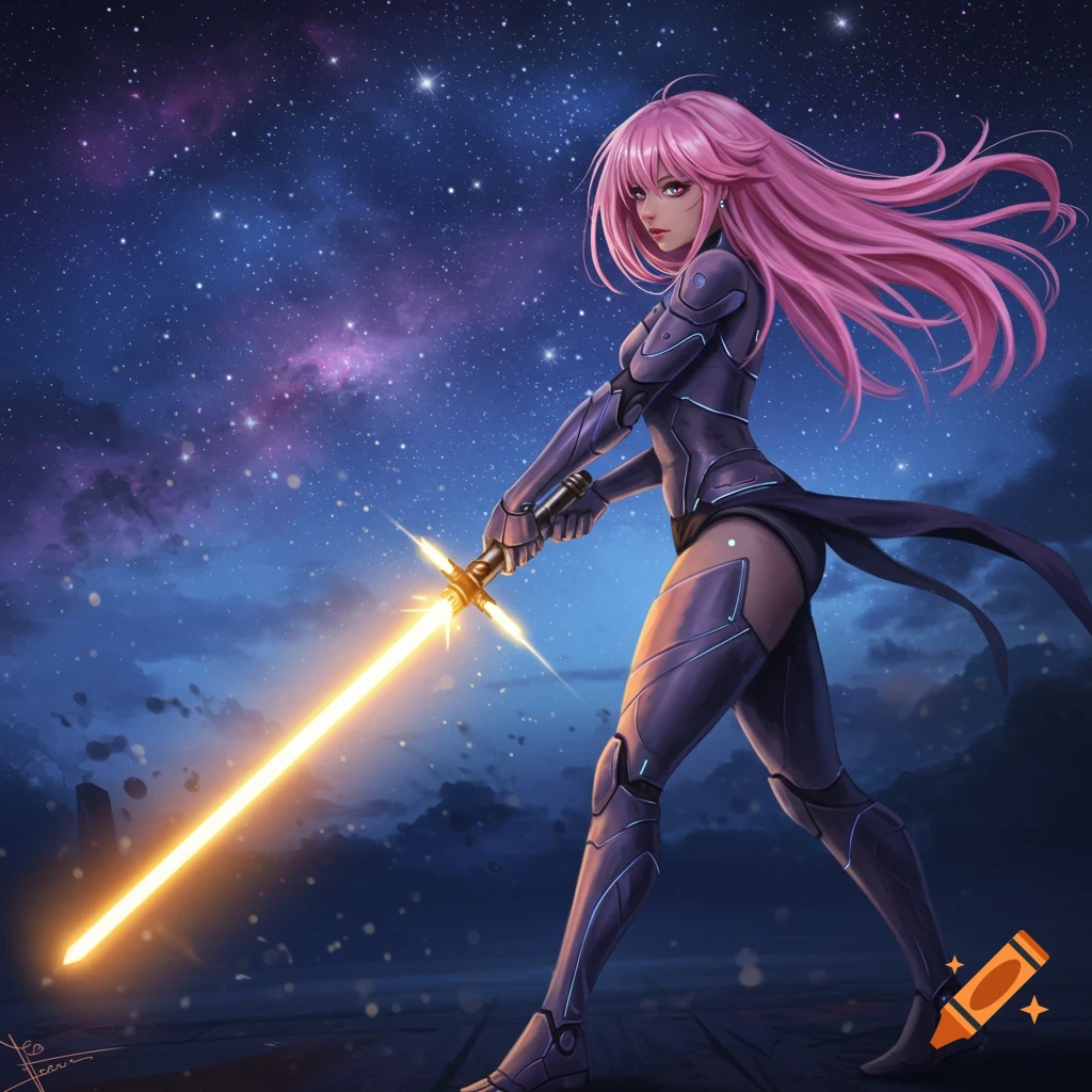 An anime girl with long pink hair holding a golden lightsaber under a starry night sky.