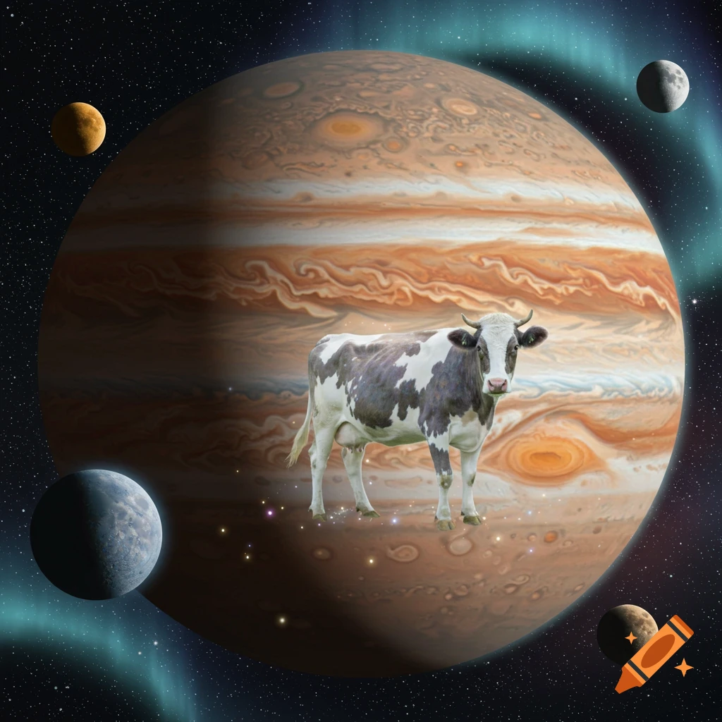 A photorealistic cow stands on the surface of Jupiter, with four moons and a starry sky with aurora in the background.