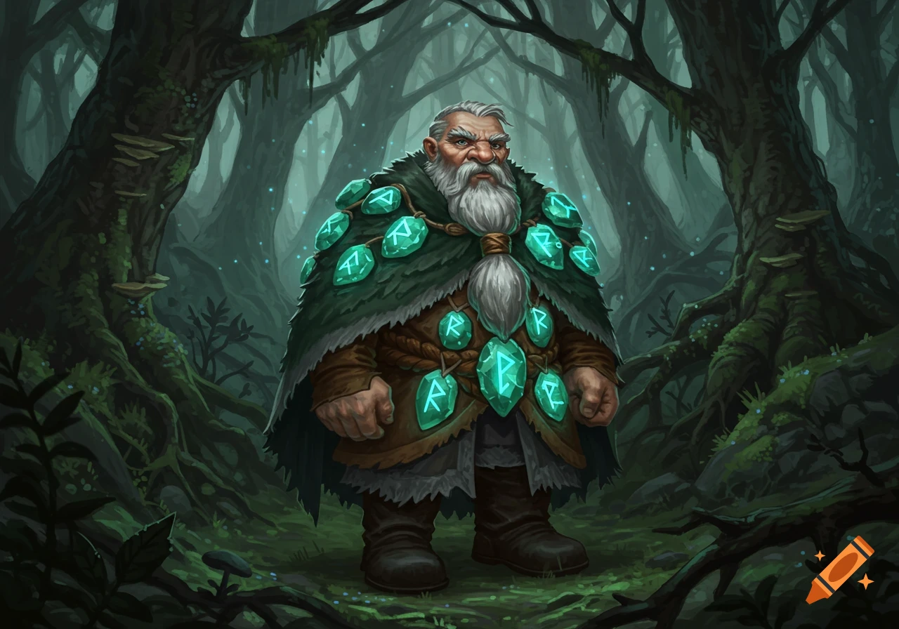 A burly, gray-bearded dwarf in a green cloak adorned with glowing runic stones stands in a dark, mossy forest, digital painting.
