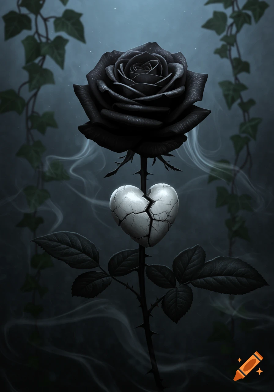 A dark, symbolic image of a black rose with a cracked, white stone heart on its thorny stem, set against a misty background with ivy.