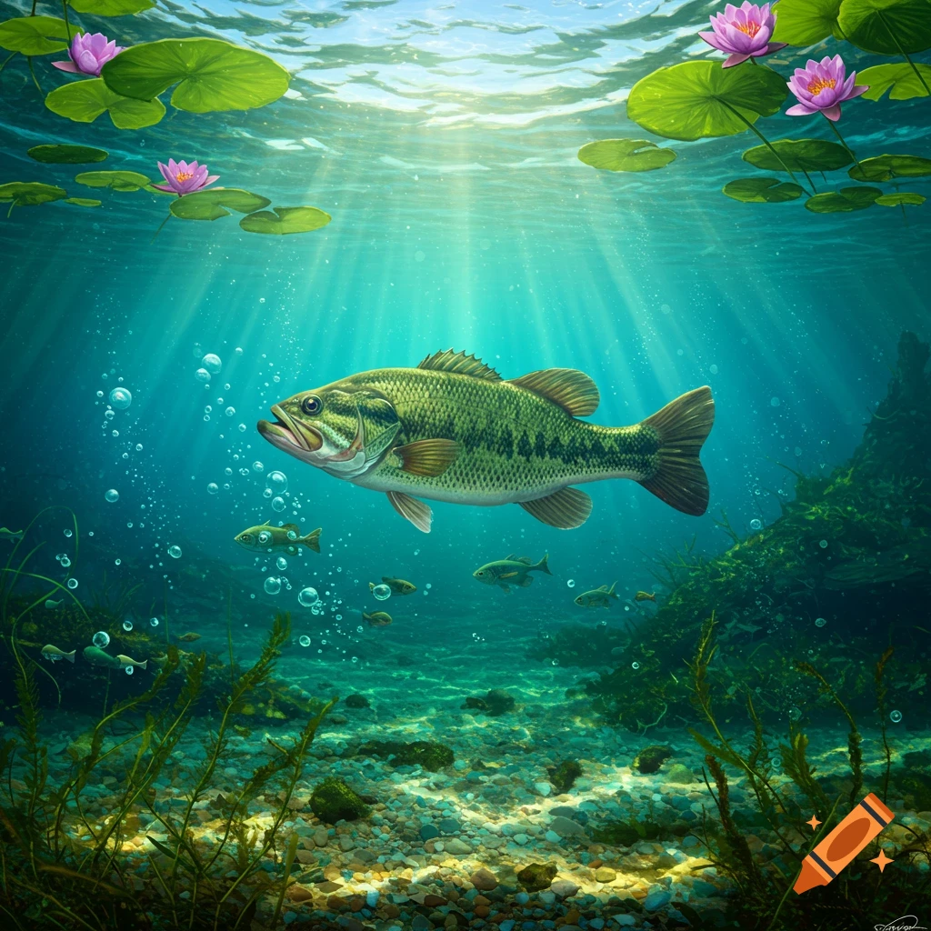 A large green bass swims underwater in clear water with sunlight rays, water lilies, and submerged plants.