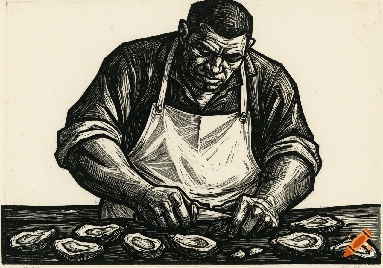 Black and white woodcut of a man in an apron shucking oysters with a knife, with several oysters on a table.
