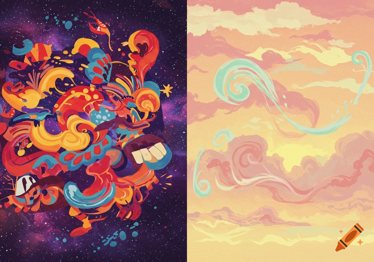 Split image: vibrant abstract psychedelic art on a starry cosmic background; pastel sky with clouds and swirling blue shapes.
