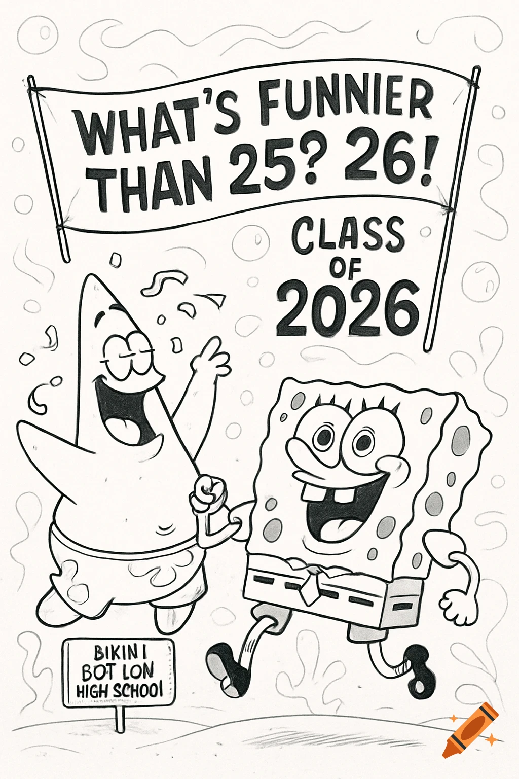 Black and white line art of Spongebob and Patrick celebrating under a banner that reads "WHAT'S FUNNIER THAN 25? 26! CLASS OF 2026". A sign at the bottom reads "BIKINI BOT LON HIGH SCHOOL".