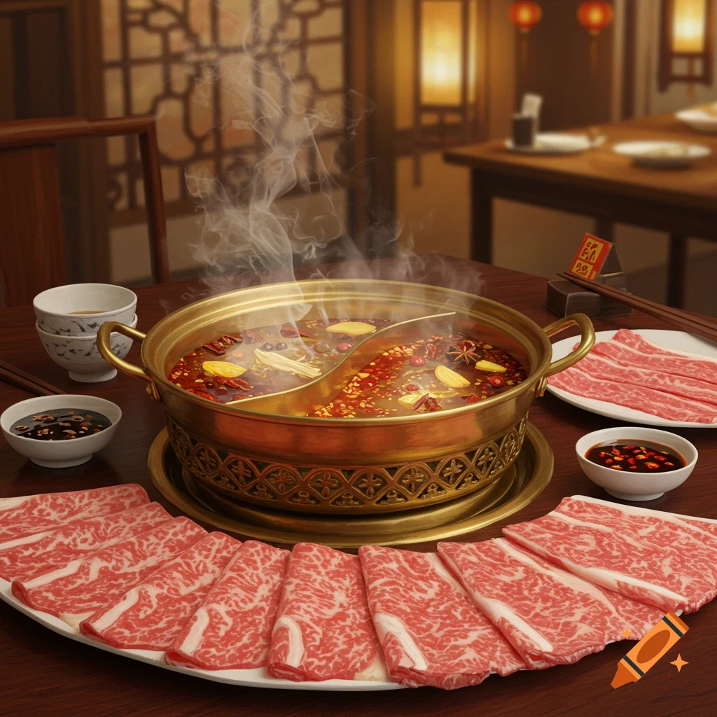 A steaming brass hotpot filled with spicy broth sits on a table, surrounded by thin slices of raw beef, dipping sauce, and tea cups in a restaurant setting.