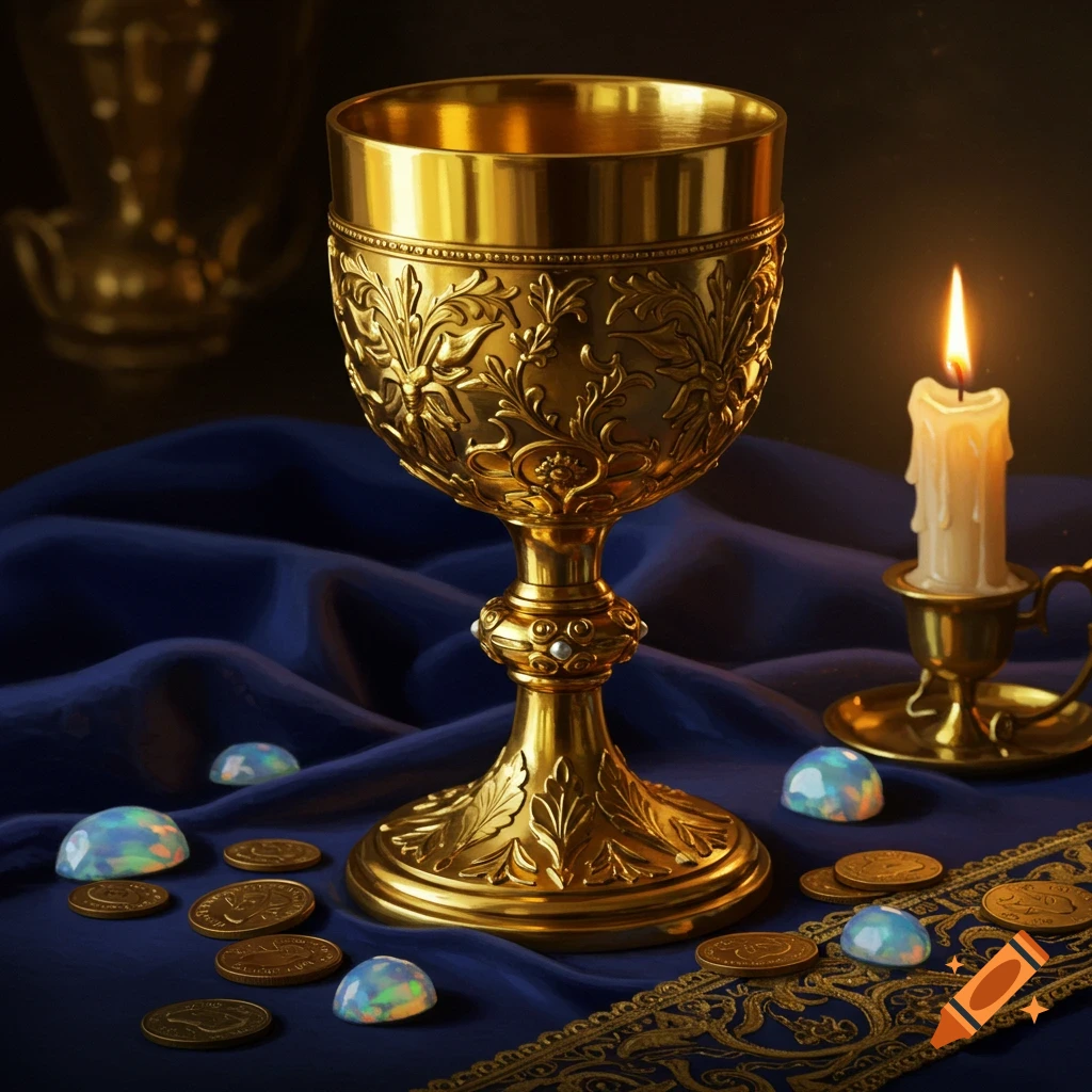 Ornate golden chalice, gold coins, and opals on a blue velvet cloth, with a burning candle, in a photorealistic still life.