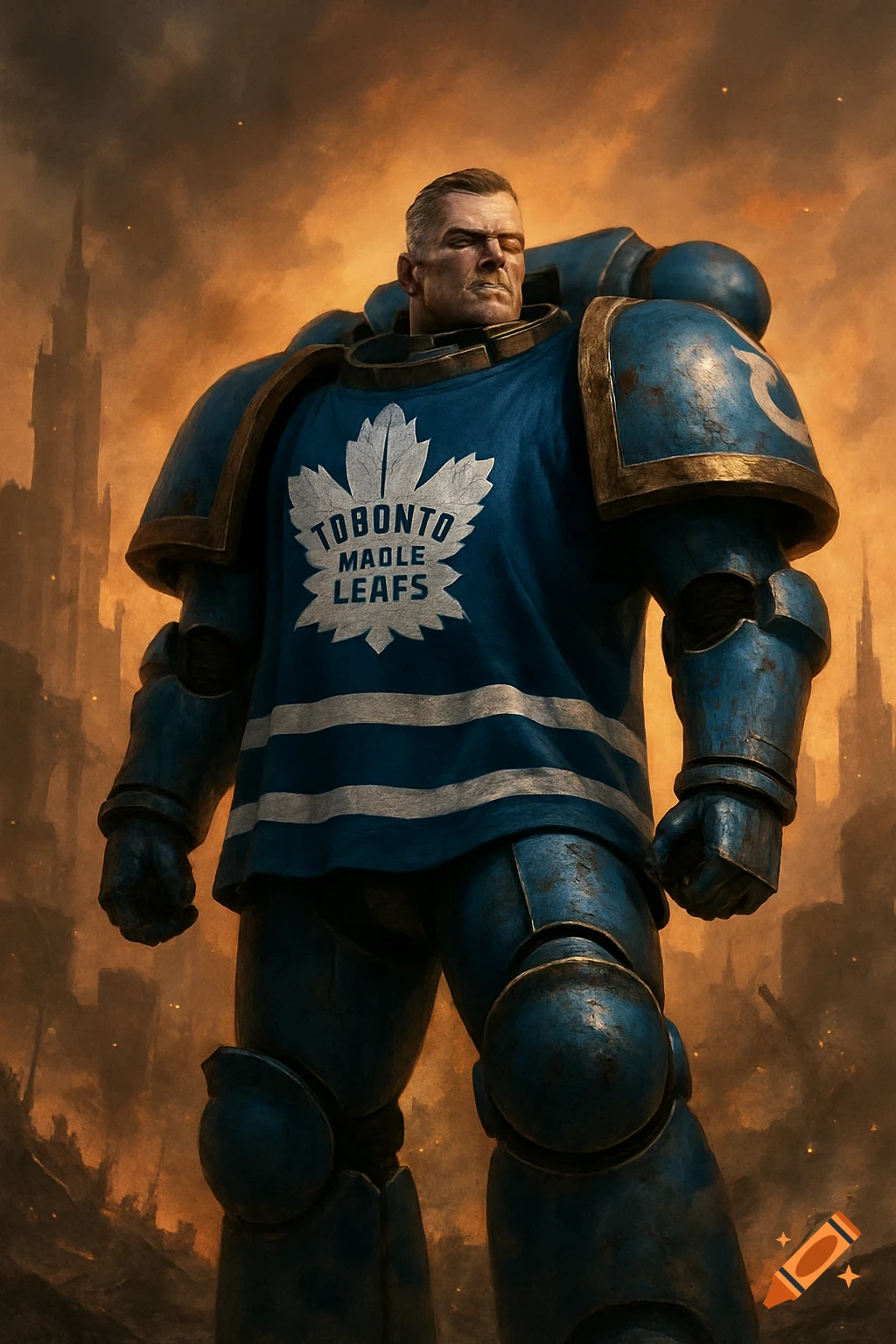 A futuristic warrior in blue power armor with a Toronto Maple Leafs jersey stands before a fiery, ruined cityscape.