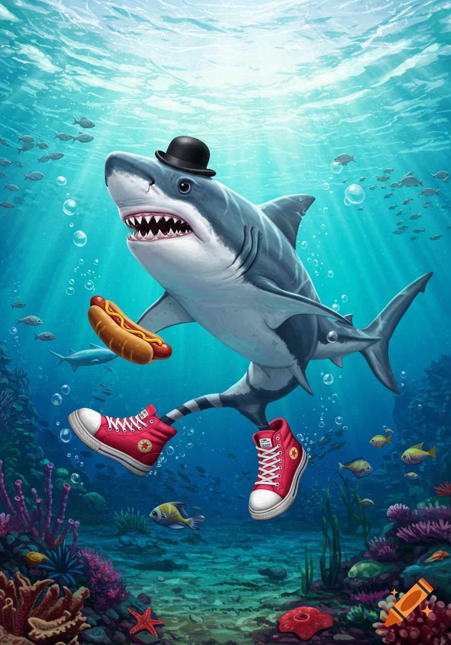 Cartoon shark wearing a black bowler hat and red sneakers, holding a hotdog, swimming underwater with fish and coral.