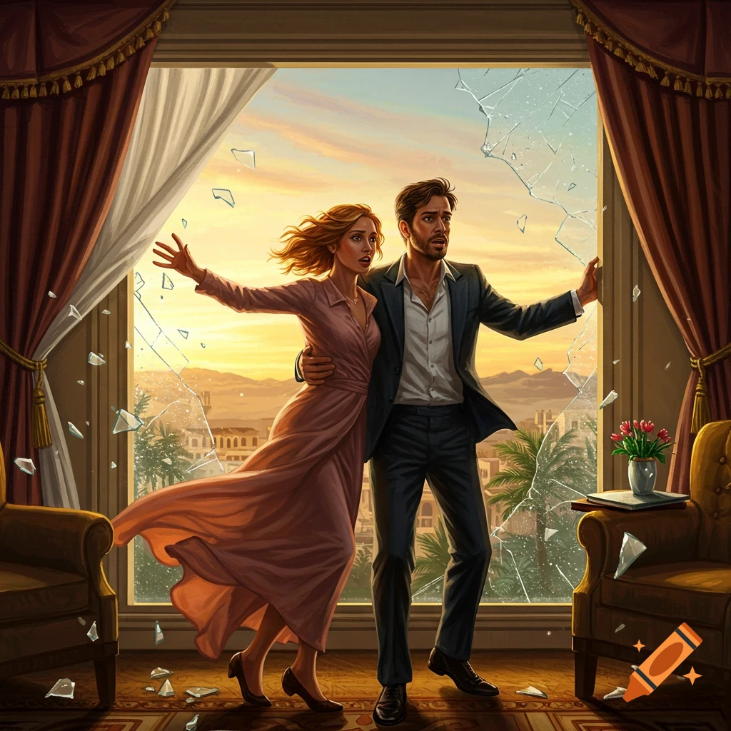 Illustrative image of a startled couple breaking a window in a luxurious room, overlooking a sunny city.