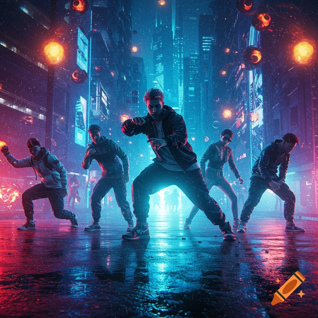 Five people in dynamic poses on a neon-lit cyberpunk city street, illuminated by vibrant blue and red lights.