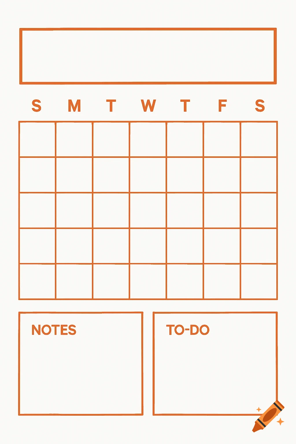 Minimalist orange and white calendar and planner template with sections for days, notes, and to-do list.