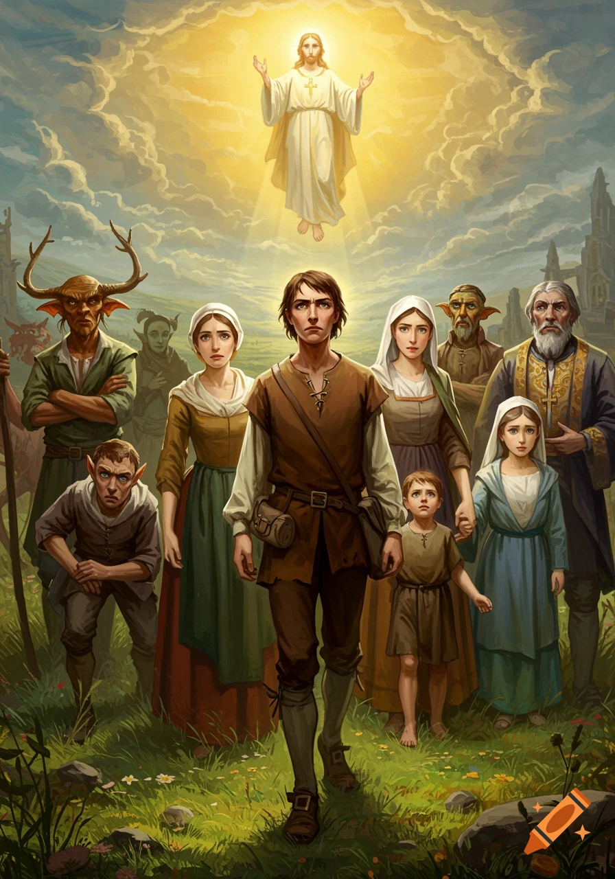 A group of diverse characters, including humans and horned creatures, stands in a field looking at a glowing figure resembling Jesus ascending into the clouds.