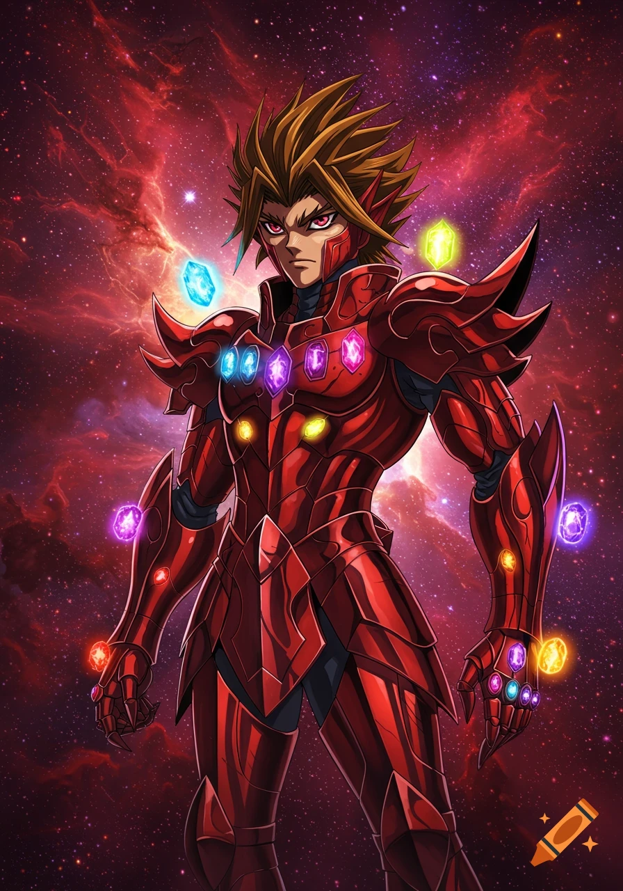 Anime male character in red armored suit embedded with colorful glowing infinity stones, against a vibrant red and purple galaxy background.