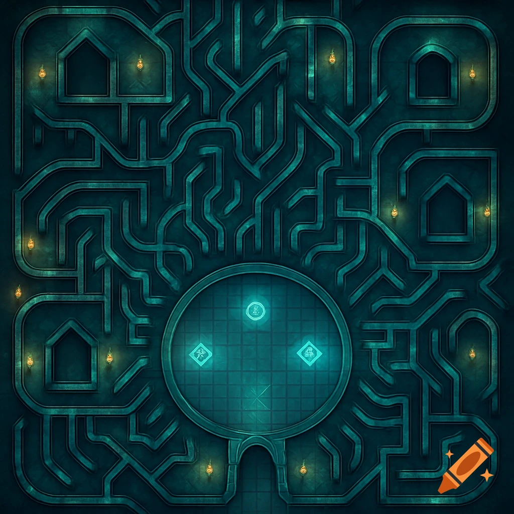 A top-down fantasy map of an intricate teal maze with glowing symbols, a large circular central room, and small lanterns, resembling a metallic dungeon.