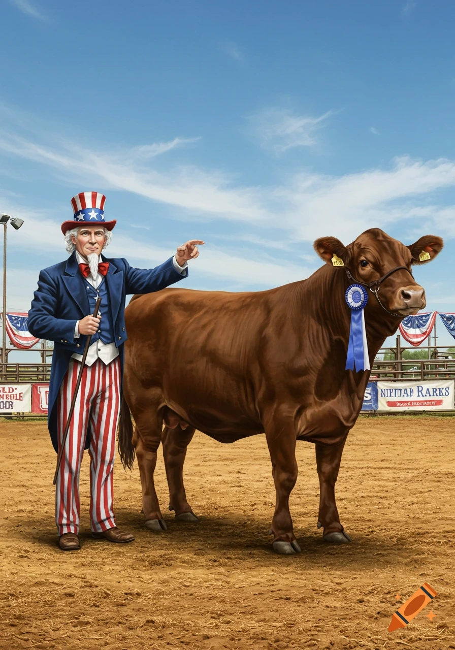 Uncle Sam points to a champion brown steer wearing a blue ribbon at an outdoor livestock show, under a clear sky.