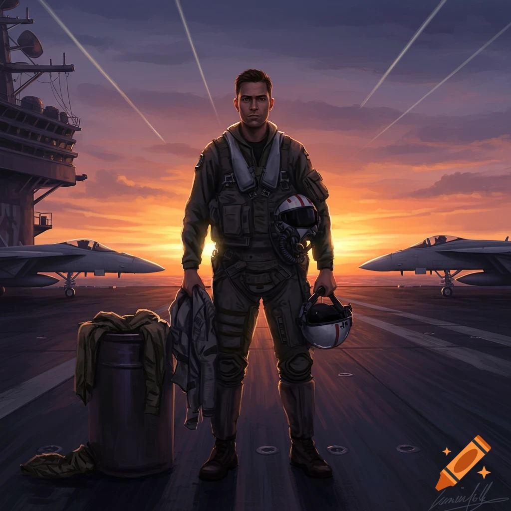 A digital painting of a jet pilot in a flight suit standing on an aircraft carrier deck with fighter jets at sunset.