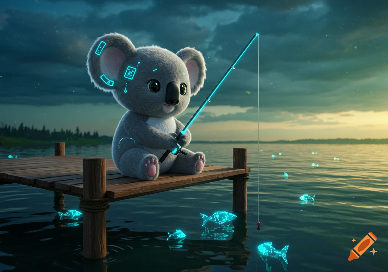 A cute, fluffy grey koala with glowing blue tech patterns sits on a dock, fishing with a glowing rod as digital fish swim below.