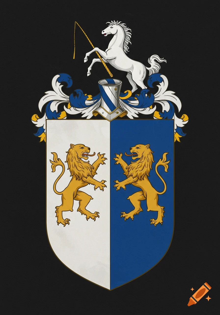 A heraldic shield divided vertically with a white field on the left and a blue field on the right. Both sides feature a rampant golden lion. Above the shield is a white horse rampant holding a golden whip, standing on a blue and white torse, all set against a black background in a graphic art style.
