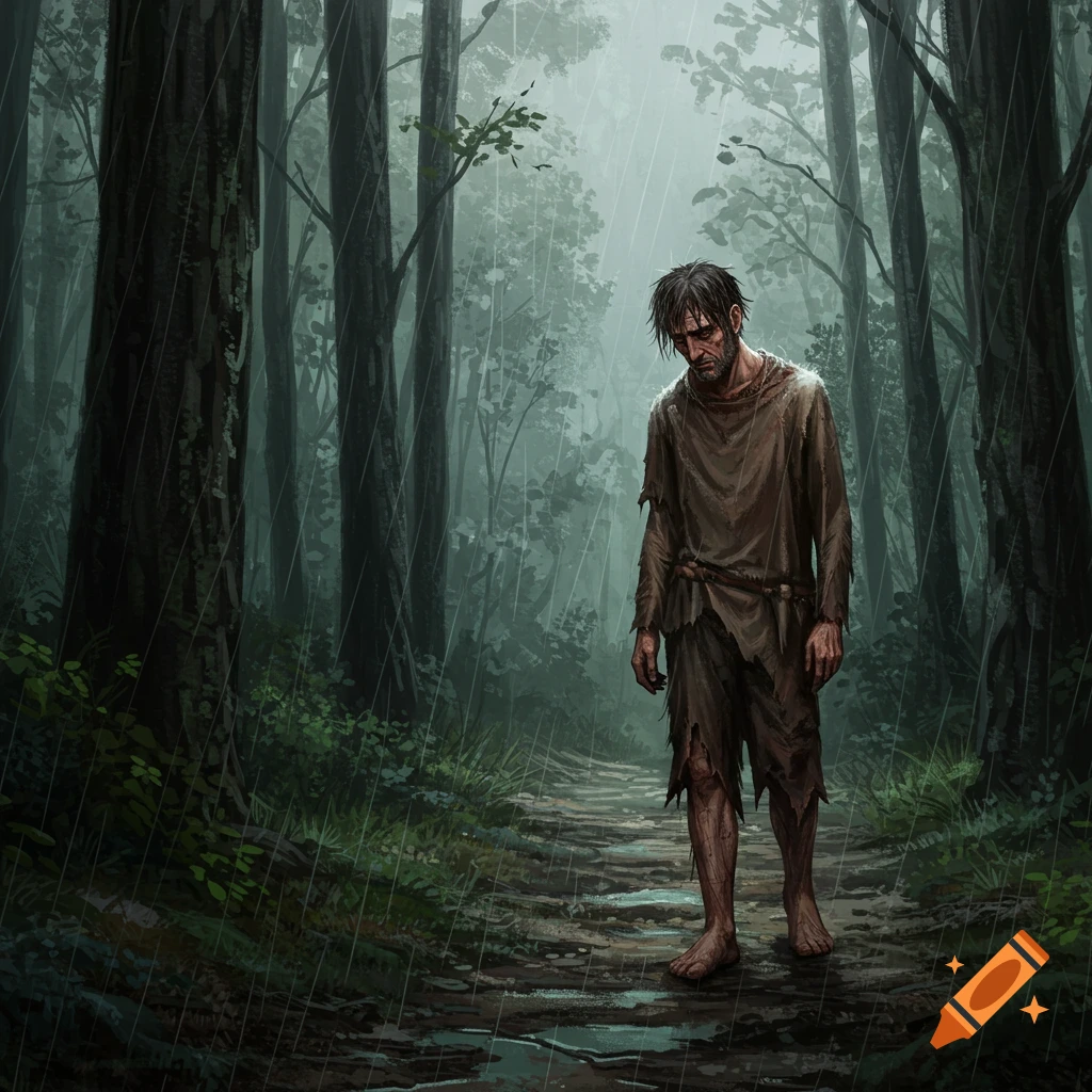 A somber, unkempt man in torn clothes walks barefoot on a muddy path through a dark, rainy forest.