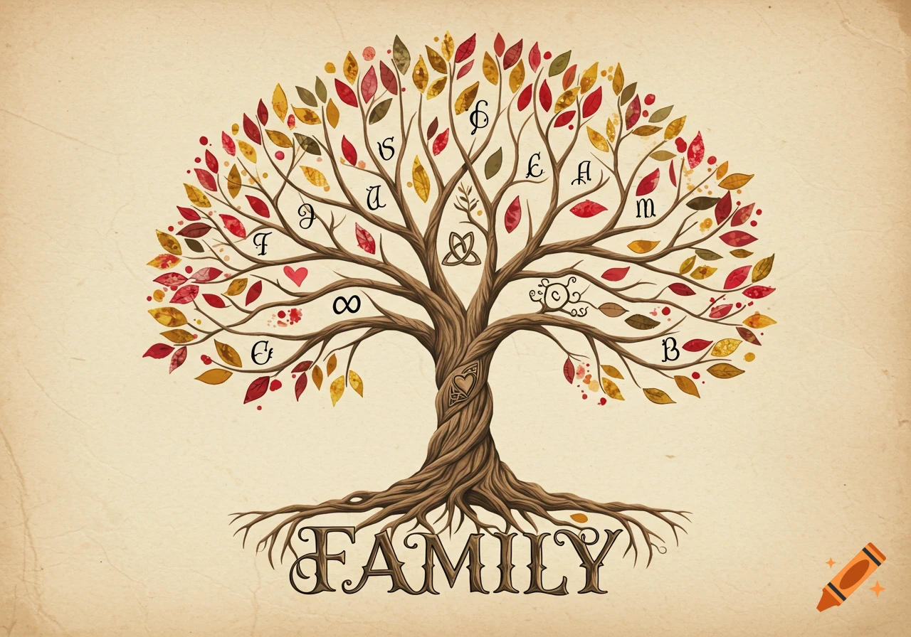 A stylized family tree with autumn-colored leaves, various letters, and symbols on its branches, and the word "FAMILY" at the base, on a textured background.