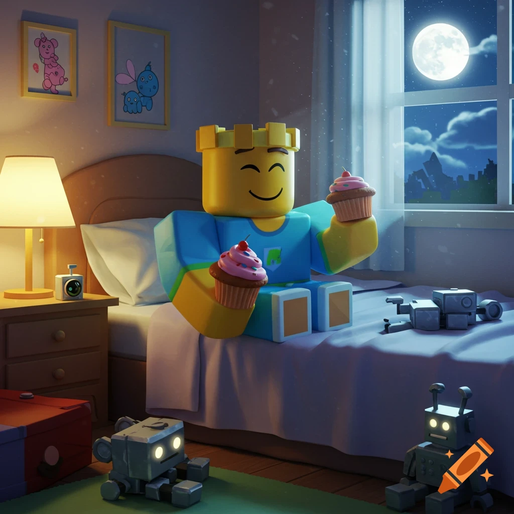 A smiling Roblox character with a crown and blue shirt sits on a bed, holding pink cupcakes. Moonlight fills the bedroom.