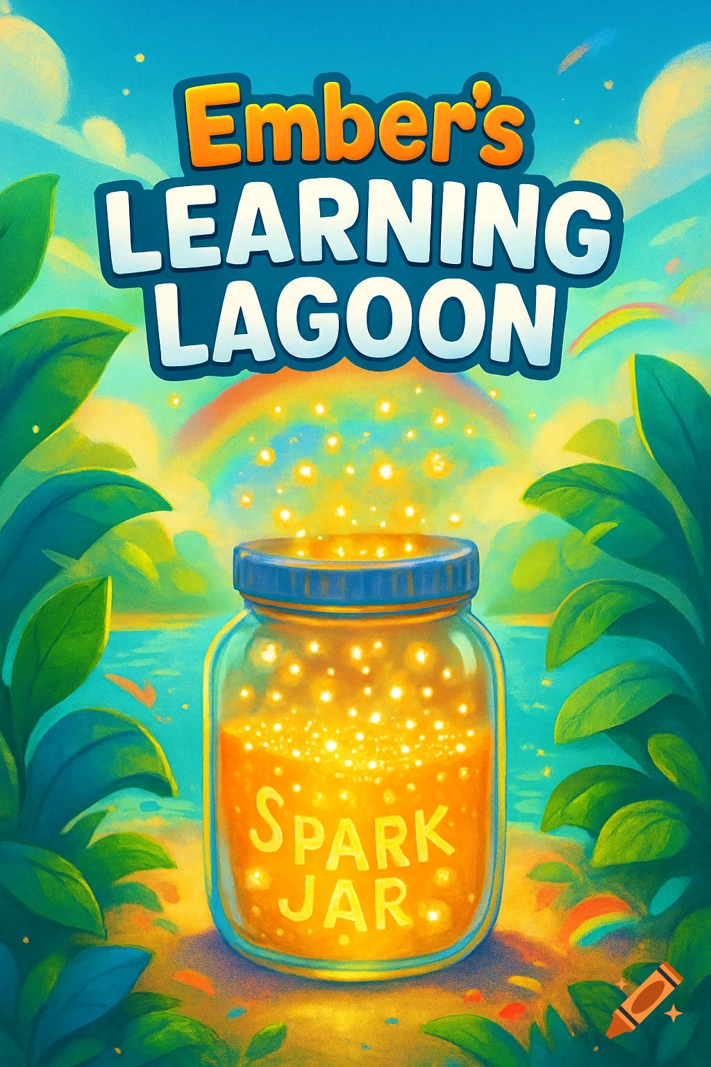 Colorful illustration of an app cover for 'Ember's Learning Lagoon' with a glowing 'Spark Jar' in a magical lagoon landscape with a rainbow.