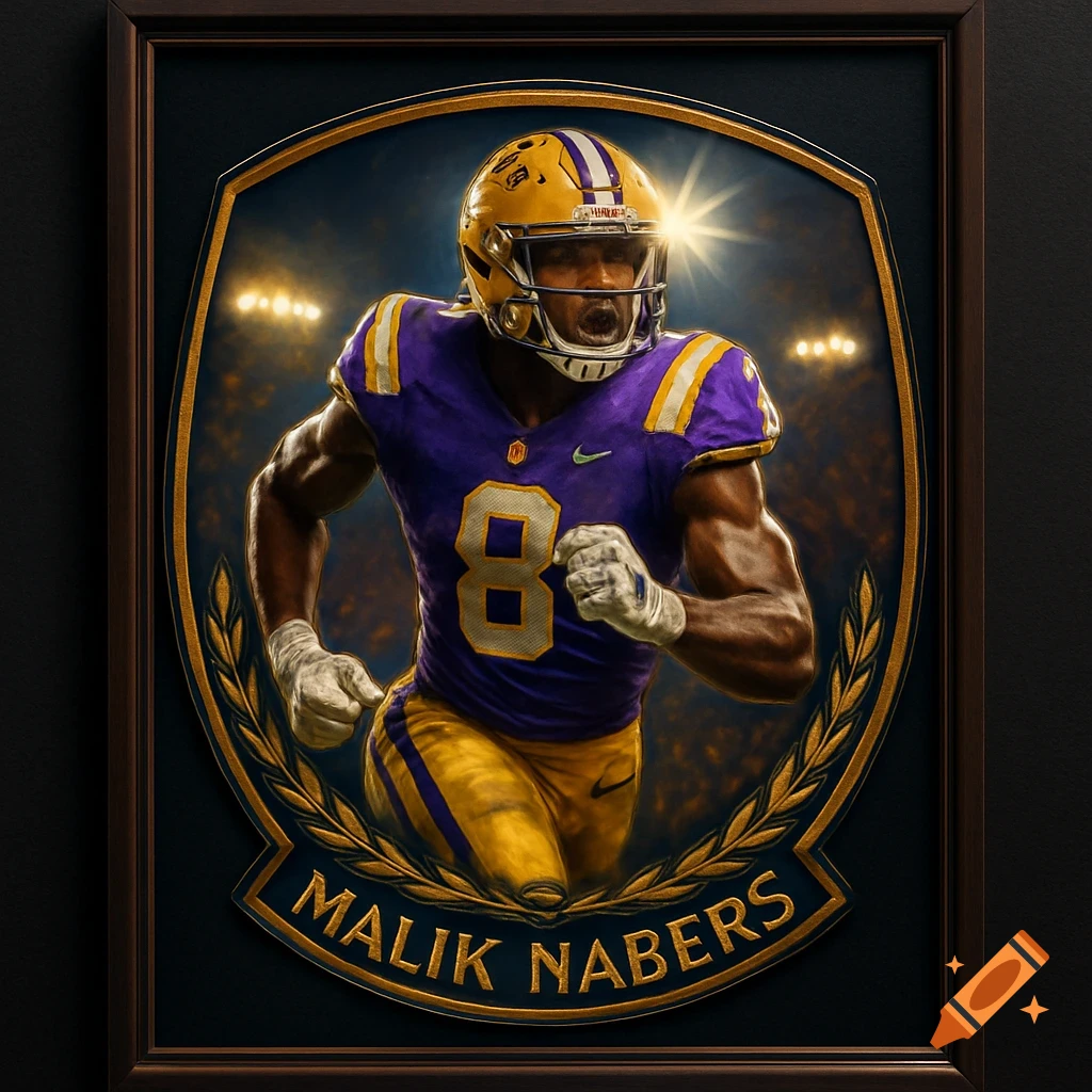 An illustrated portrait of football player Malik Nabers in a purple and gold uniform with number 8, running on a dark, shield-shaped badge with gold trim and stadium lights.