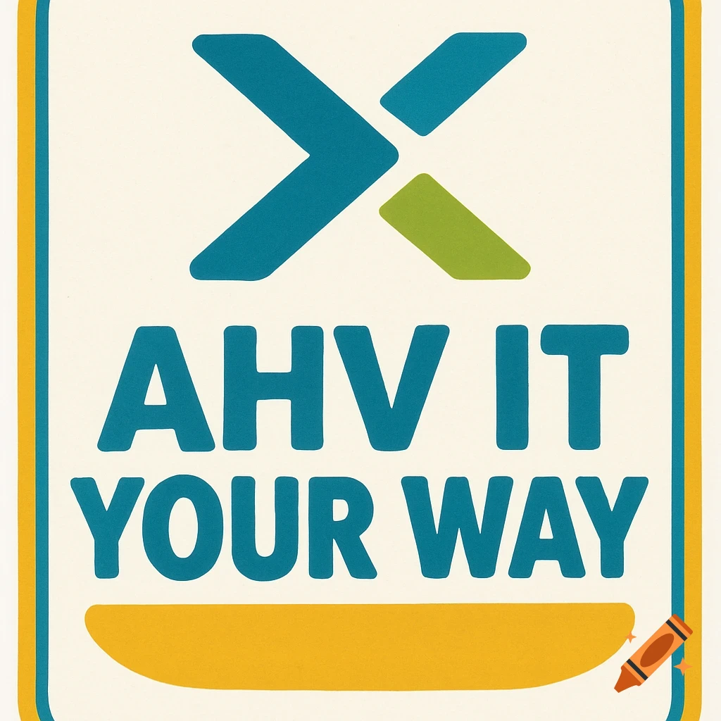 Parody logo in Burger King style with blue-green 'N' symbol and text 'AHV IT YOUR WAY' on a light background with a yellow border.