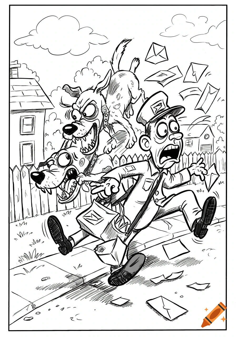 A funny cartoon line drawing of a terrified mailman running from two aggressive dogs on a sidewalk, dropping letters.