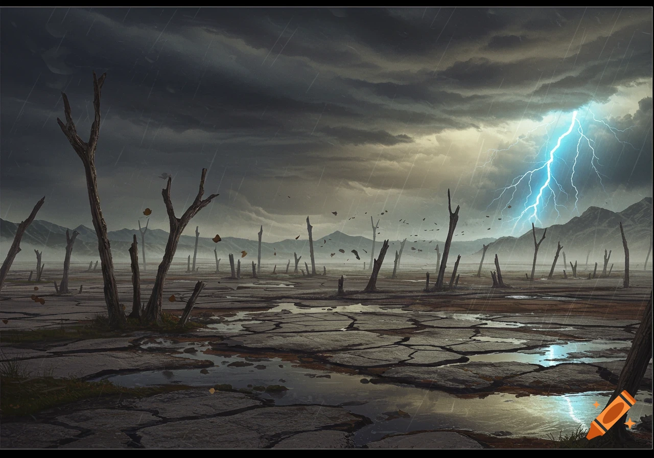 Desolate landscape with barren trees, cracked earth, rain, and a bright lightning strike under a stormy sky.