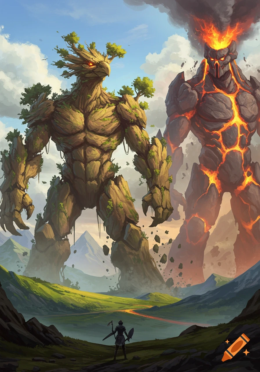 Gigantic tree and lava-rock elemental monsters tower over a small warrior in a lush valley with a lava river, digital art.