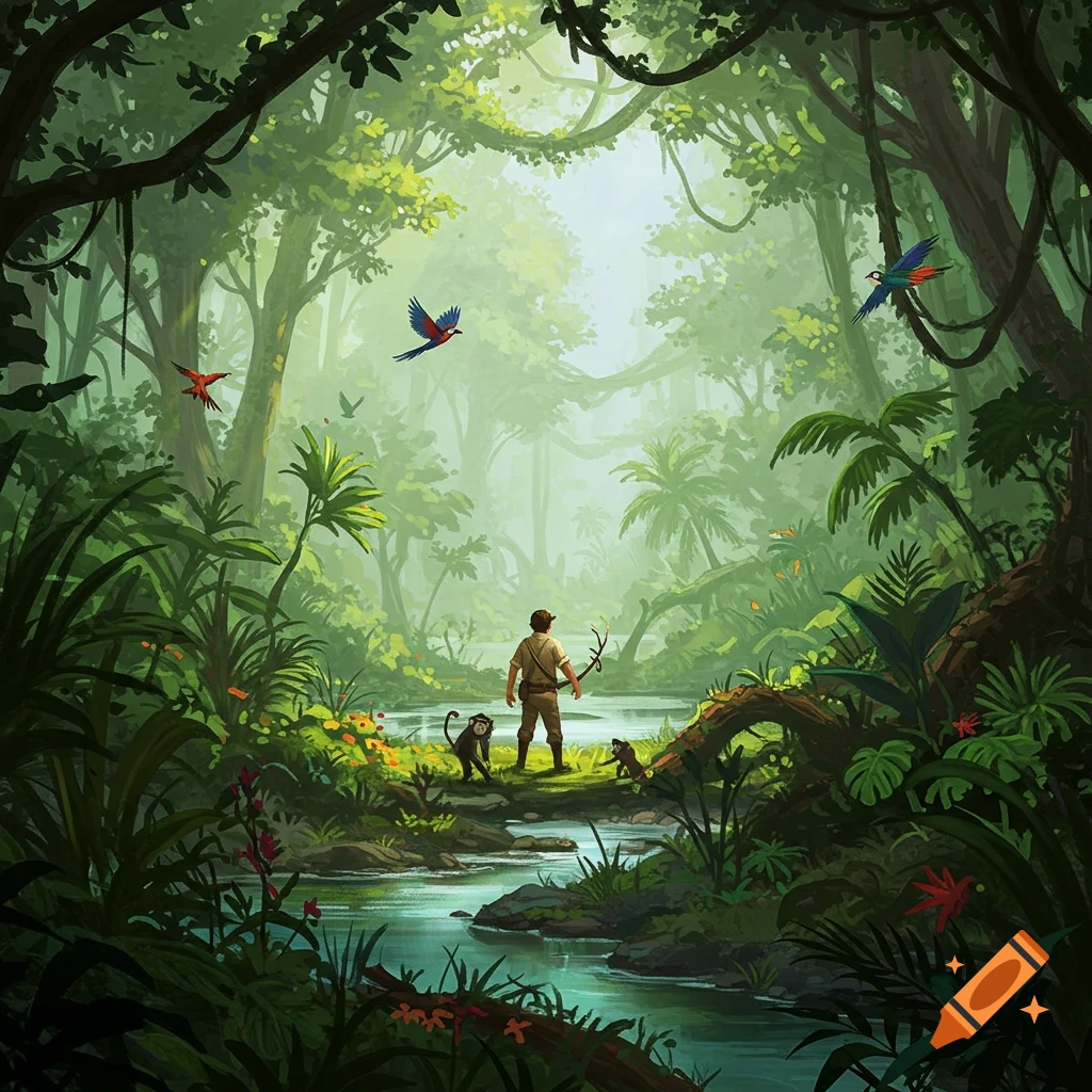 An illustrative scene of a person standing by a river in a dense, green jungle, surrounded by monkeys and exotic birds.