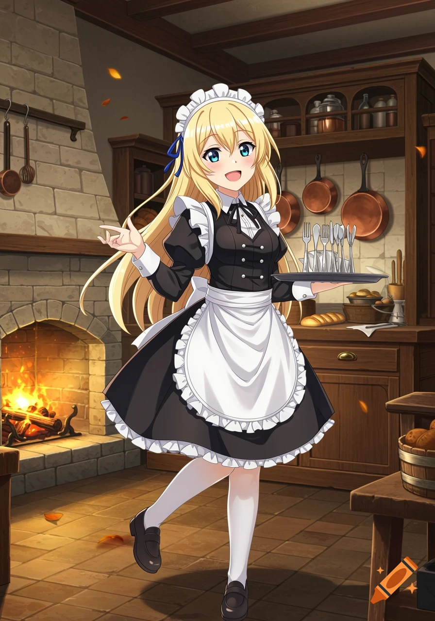 A smiling blonde anime girl in a black and white maid uniform holds a tray of silverware in a rustic kitchen with a fireplace.