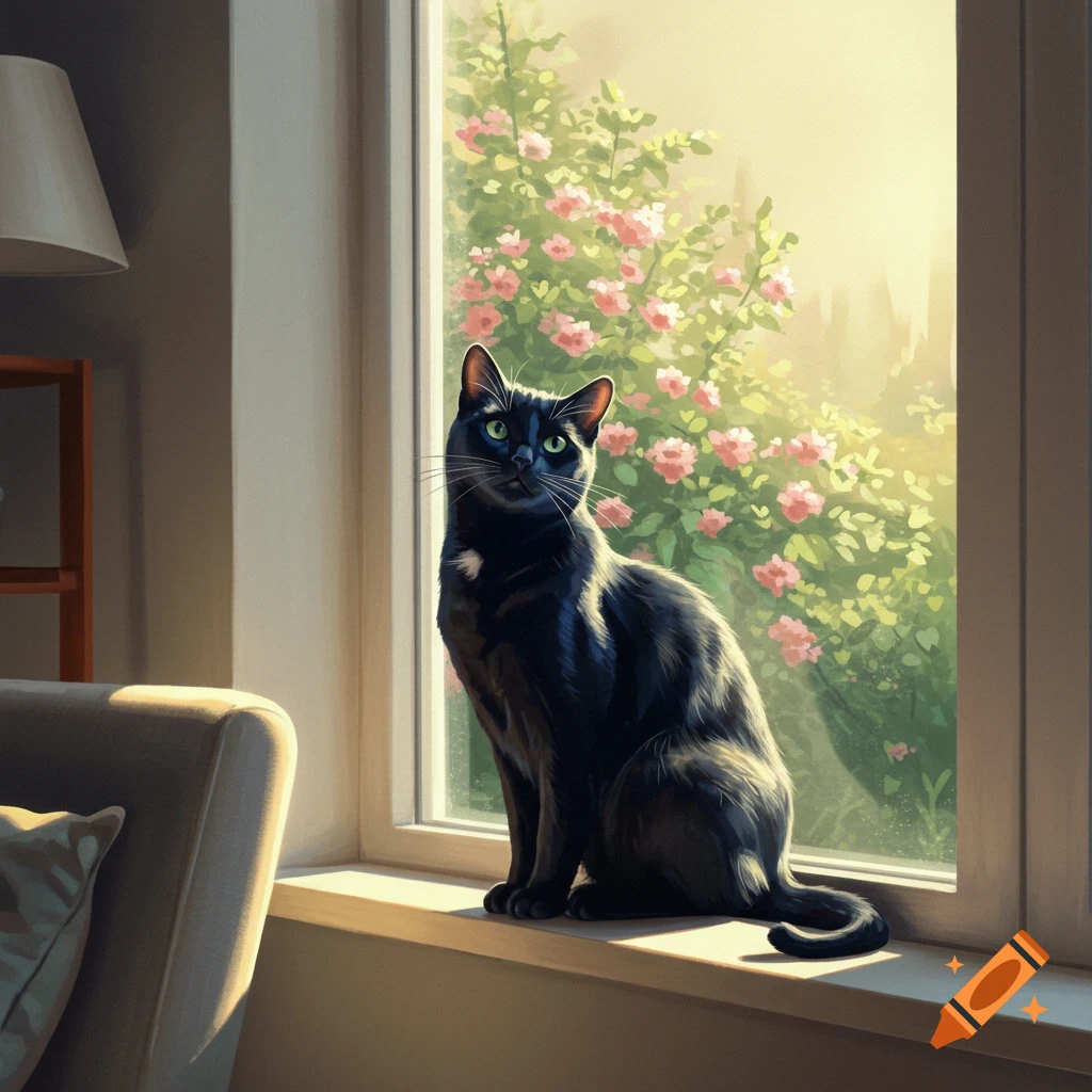 A sleek black cat with bright green eyes sits on a sunlit windowsill, looking forward, with blooming pink flowers visible through the window.