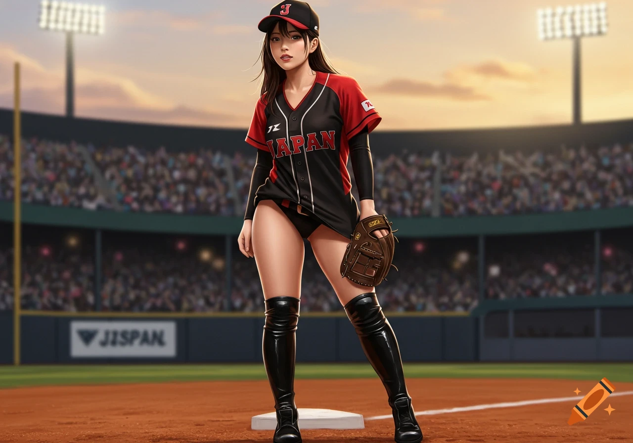 A curvy Japanese anime softball player in a black and red uniform with high black boots stands on a baseball field.