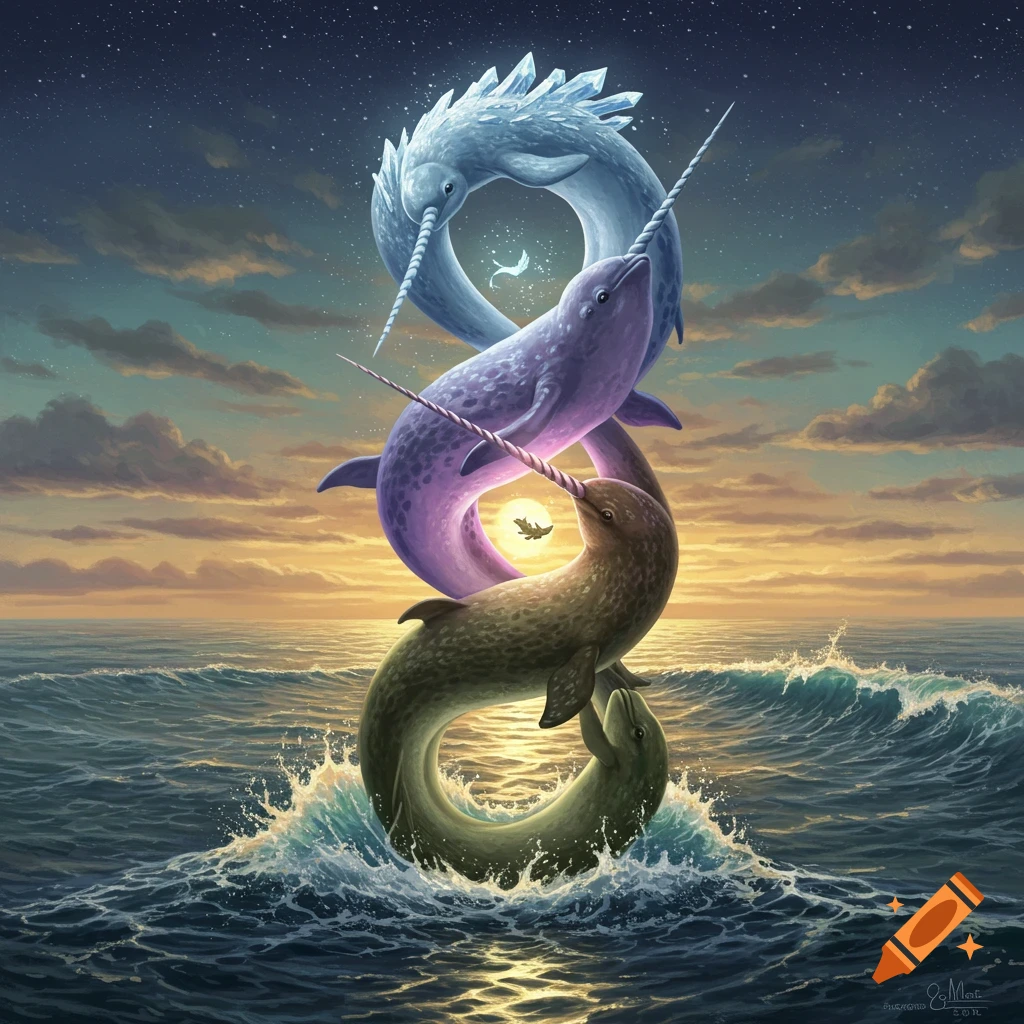Three stylized narwhals, ice-blue, purple, and green, form an S-shape over a wavy ocean at sunset under a starry sky.