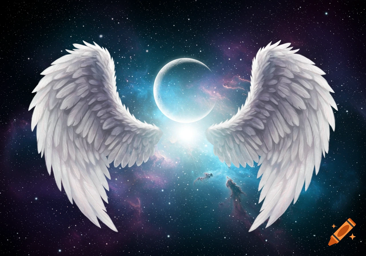 Large white angel wings framing a glowing crescent moon and a colorful cosmic galaxy.