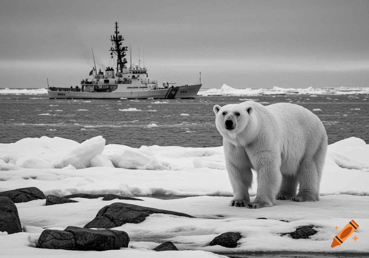 A black and white image of a polar bear standing on an icy shore with a U.S. Coast Guard ship in the background.