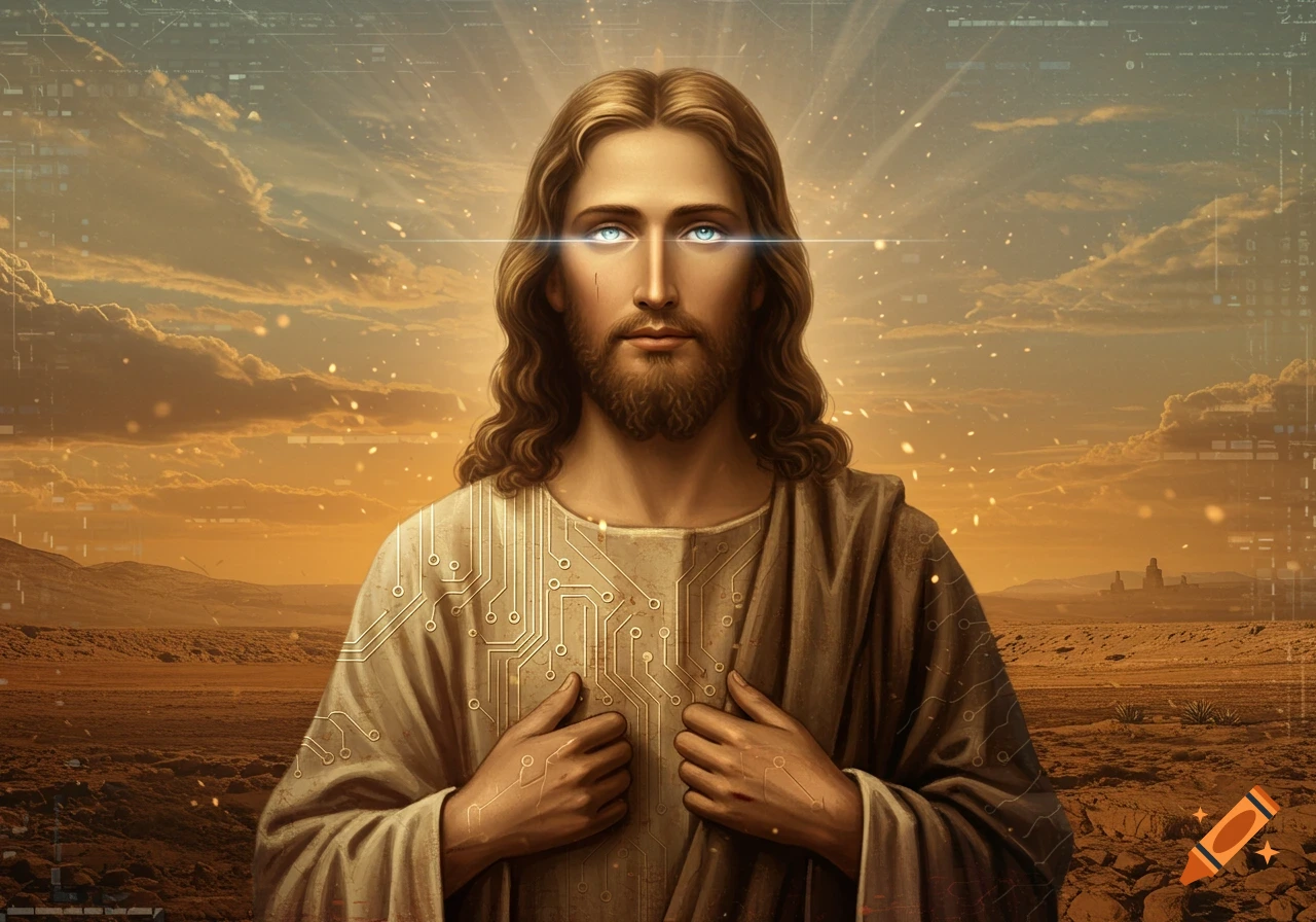 Digital art of Jesus with glowing blue eyes and circuit patterns on his robe, in a futuristic desert landscape with a golden sky.