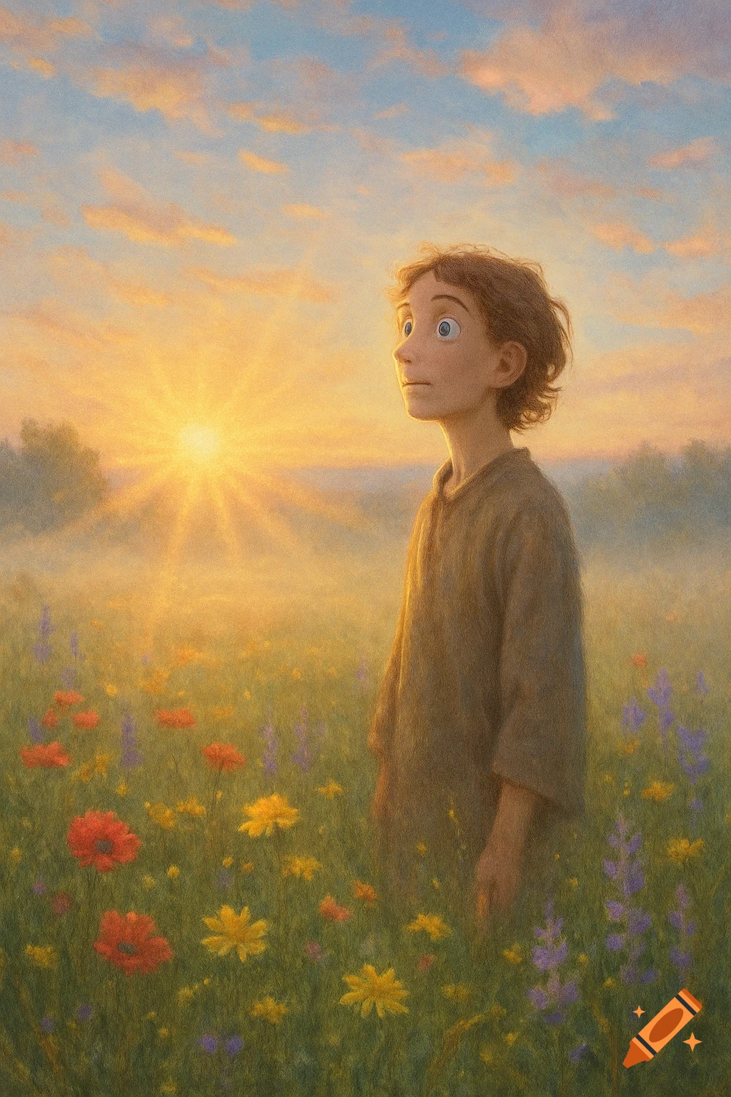 An illustration of a young boy with a curious expression standing in a field of wildflowers at sunset, bathed in a golden misty light.