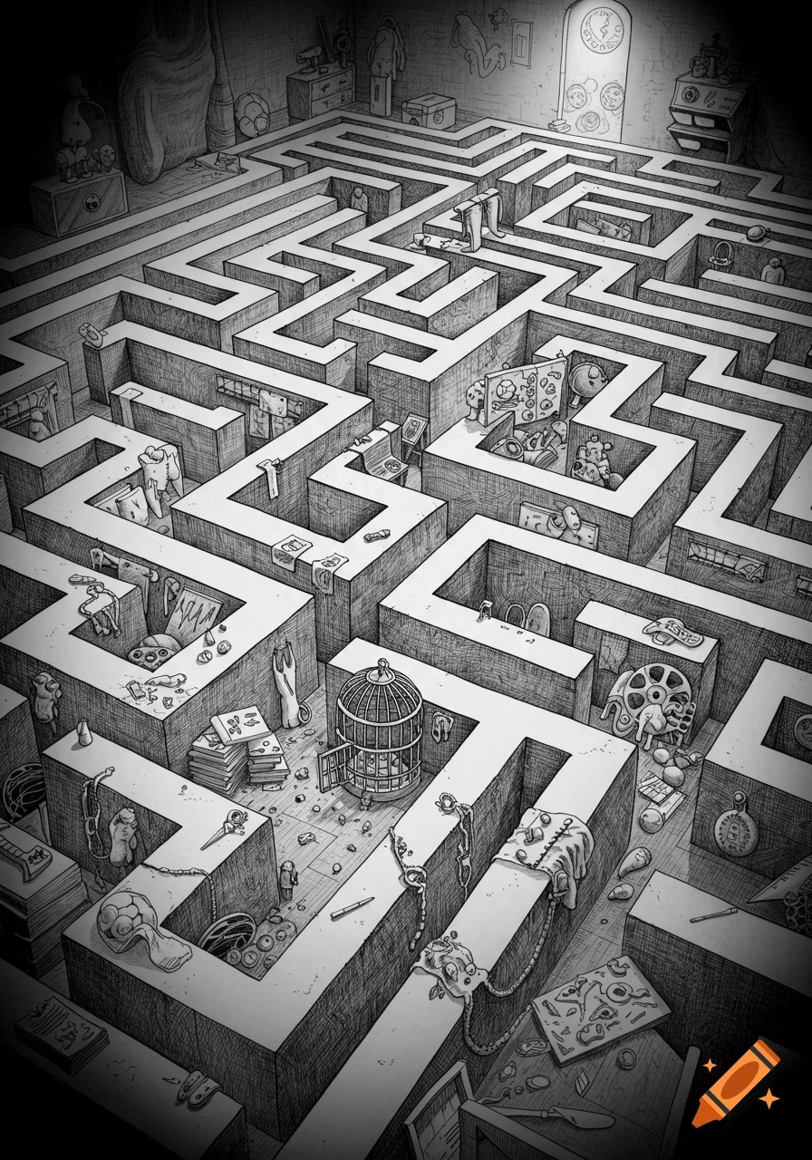 Detailed black and white sketch of a complex maze filled with surreal objects, an open bird cage in the center, and eerie figures scattered throughout.