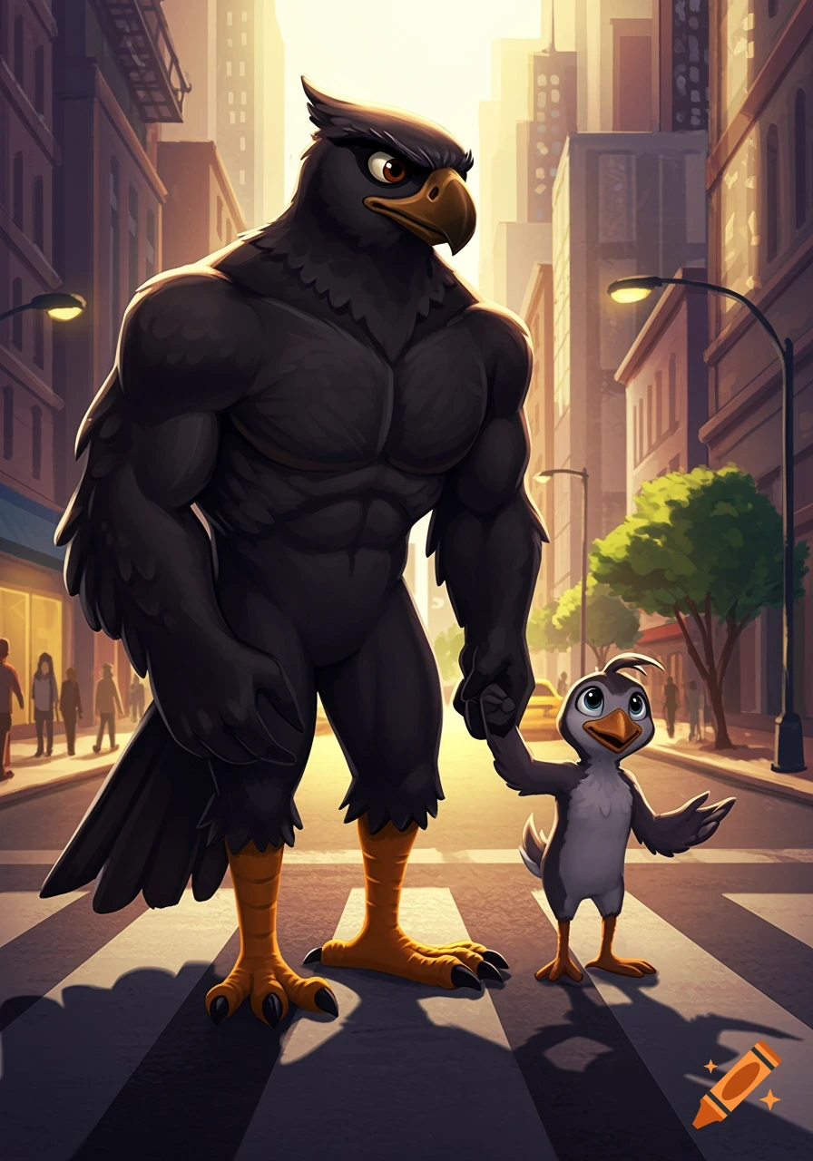 A muscular black hawk and a small grey bird hold hands crossing a city street, cartoon style.